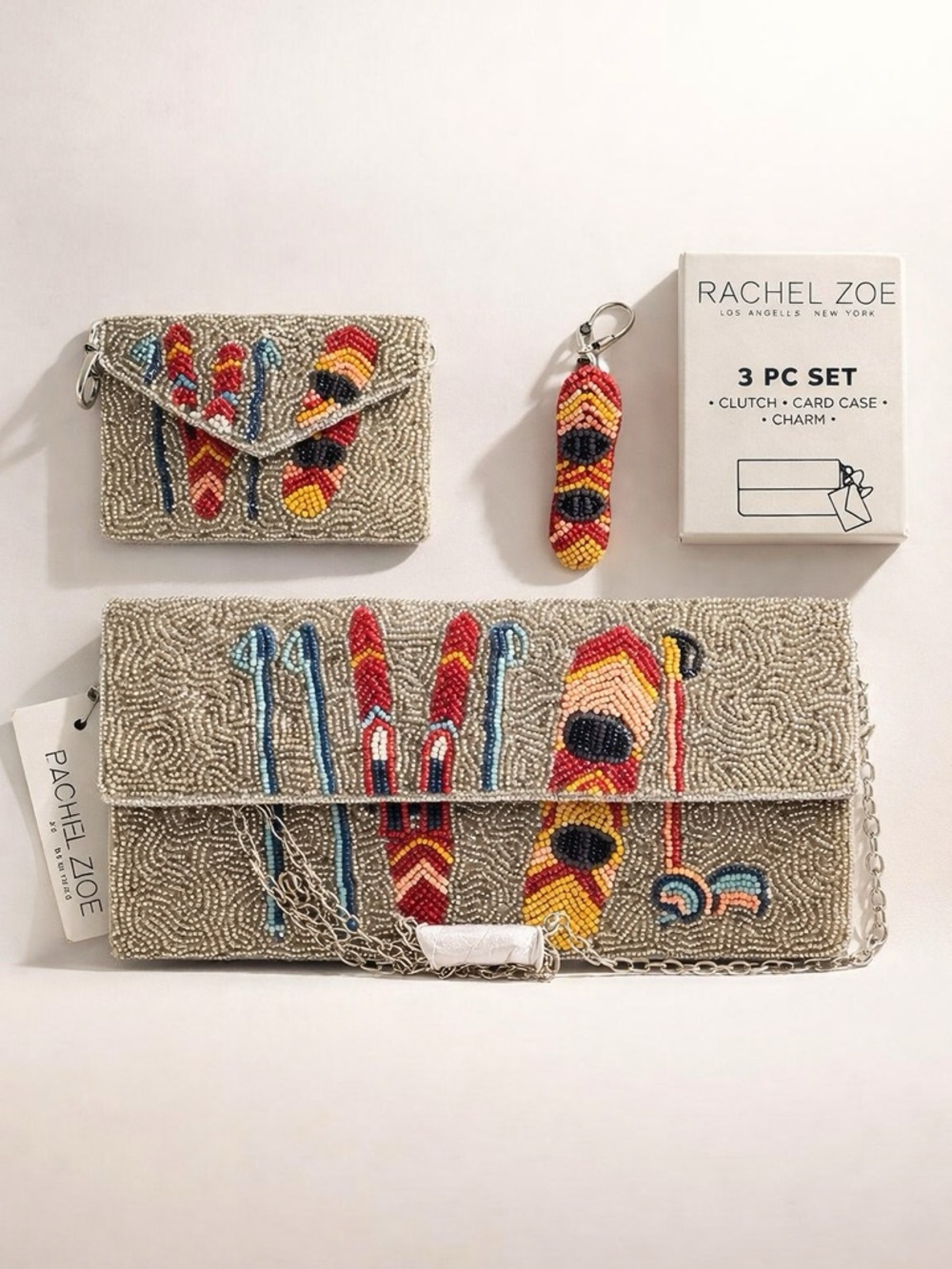 NWT Rachel Zoe Beige Beaded Clutch Set with Red, Blue & Yellow Accents Y2K